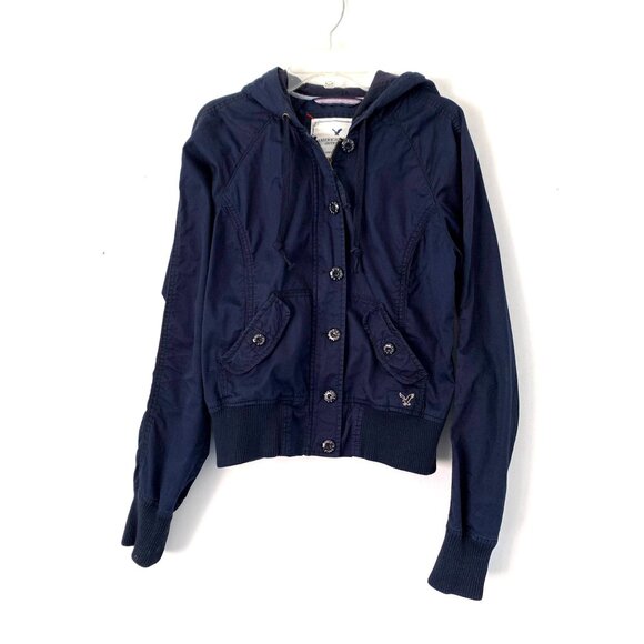 American Eagle Outfitters Size S Navy Hooded Button-Up Utility Jacket Y2K - Picture 7 of 7
